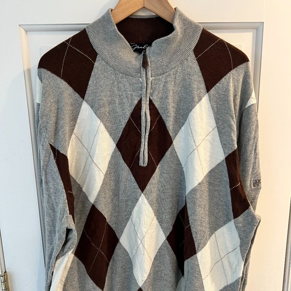 Glen Echo M XXL Argyle 1/4 Zip Sweater – Gray/Brown/Cream – Golf Dad Chic